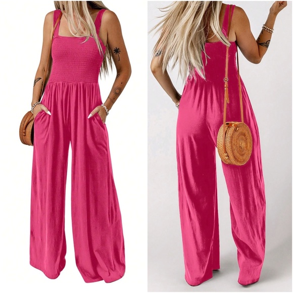 020 Boho Smocked Bodice Wide Leg Cami Jumpsuit - Picture 4 of 6